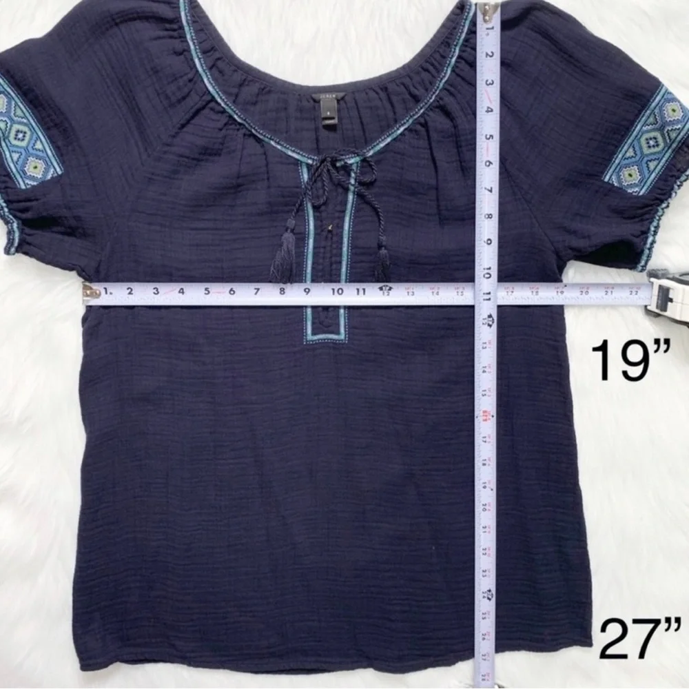 J. Crew Embroidered Tie Neck Navy Blue Short Sleeve Peasant Blouse